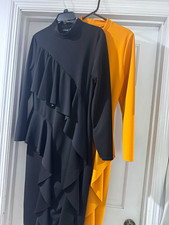 boohoo Black A-Line Dress High Neck 3/4 Sleeve Ruffle Knee Length Stretch L