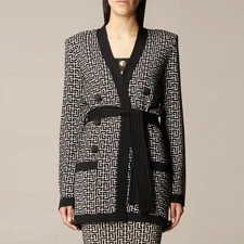 BALMAIN VF0KN000 GFE Wool Linen Knit Double Cardigan Belt Monogram Print F38-M-6