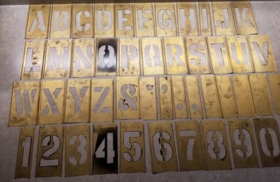 Vintage General Mfg 3'' Brass Stencil Set 46 Pc Alphabet Numbers GS-OOS-63095