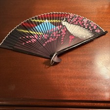 Vintage Delicate Hand Painted Black Folding Hand Fan Peacock 14  