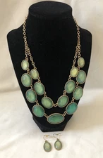 Charming Charlie Gold Double Strand Chain Necklace/Earrings Teal Aqua Mint Stone