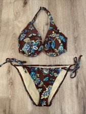 Vintage Y2K 2005 Victorias Secret Brown Paisley Bikini M 34DD Push Up Halter