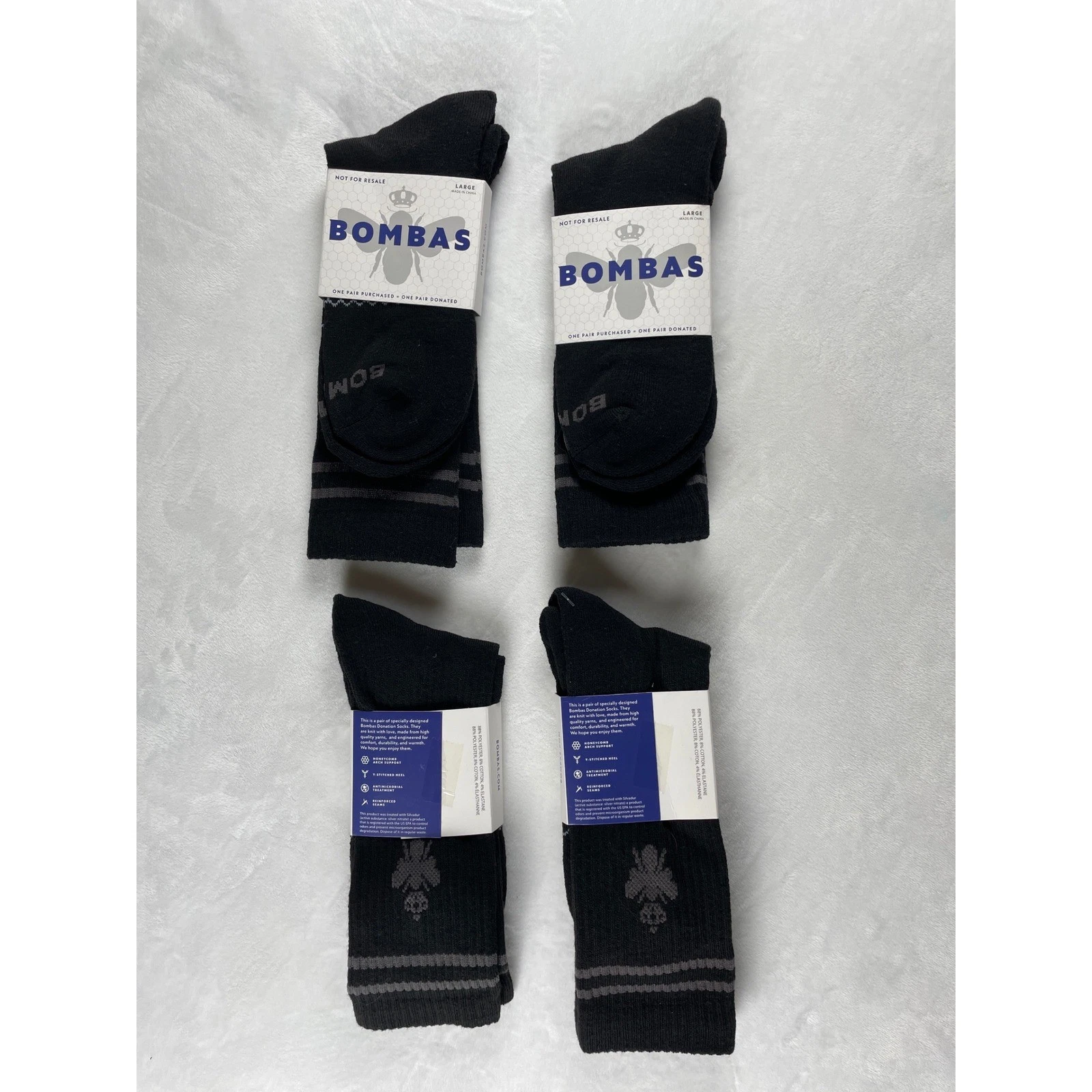 Unisex Bombas Crew Socks 4 Pair Bundle Black Grey Large Honeycomb Arch NEW