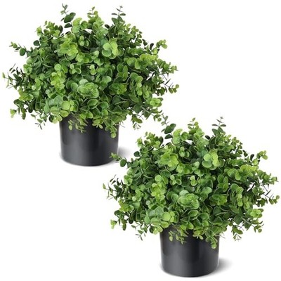 Set of 2 Artificial Eucalyptus Topiary Ball Trees for Front Porch Decor - 17''