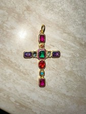 Christliches Kreuz Anhänger mit Bunten Steinen, Vergoldet - Silber 925 Prägung