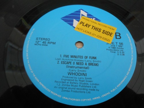 Whodini - "Escape (I Need A Break) / Five Minutes Of Funk" - JIVE 12" Single - Picture 3 of 4