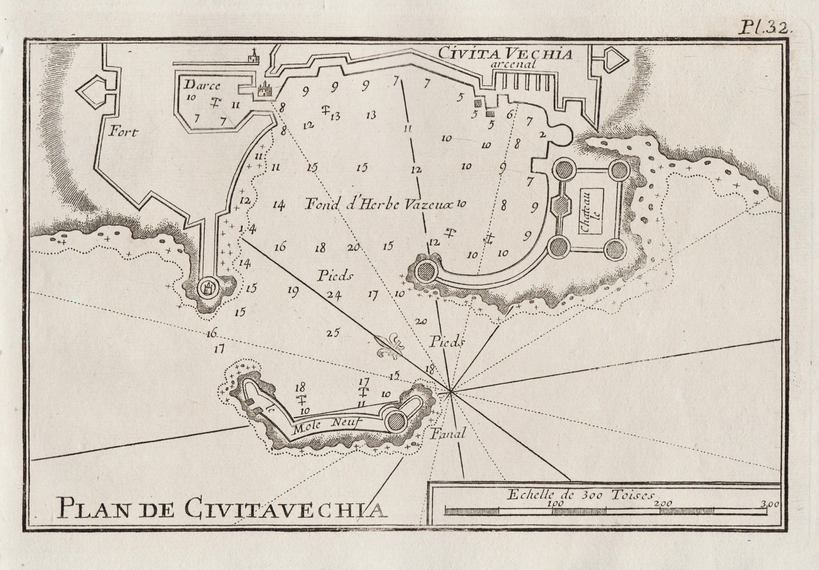 Civitavecchia Lazio Italia Italy Italia carta mappa mappa Roux incisione 1764