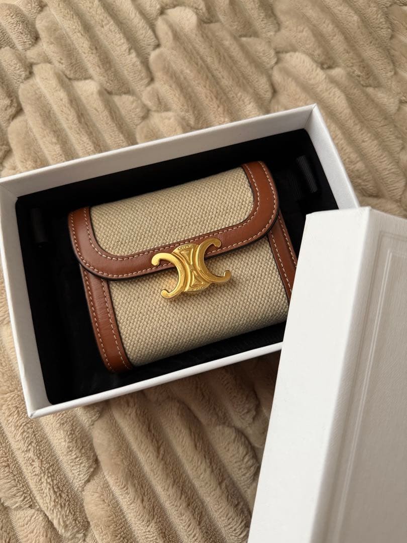 Celine Triomphe Small Wallet Canvas Leather Trifold with Box Dust Bag Rare