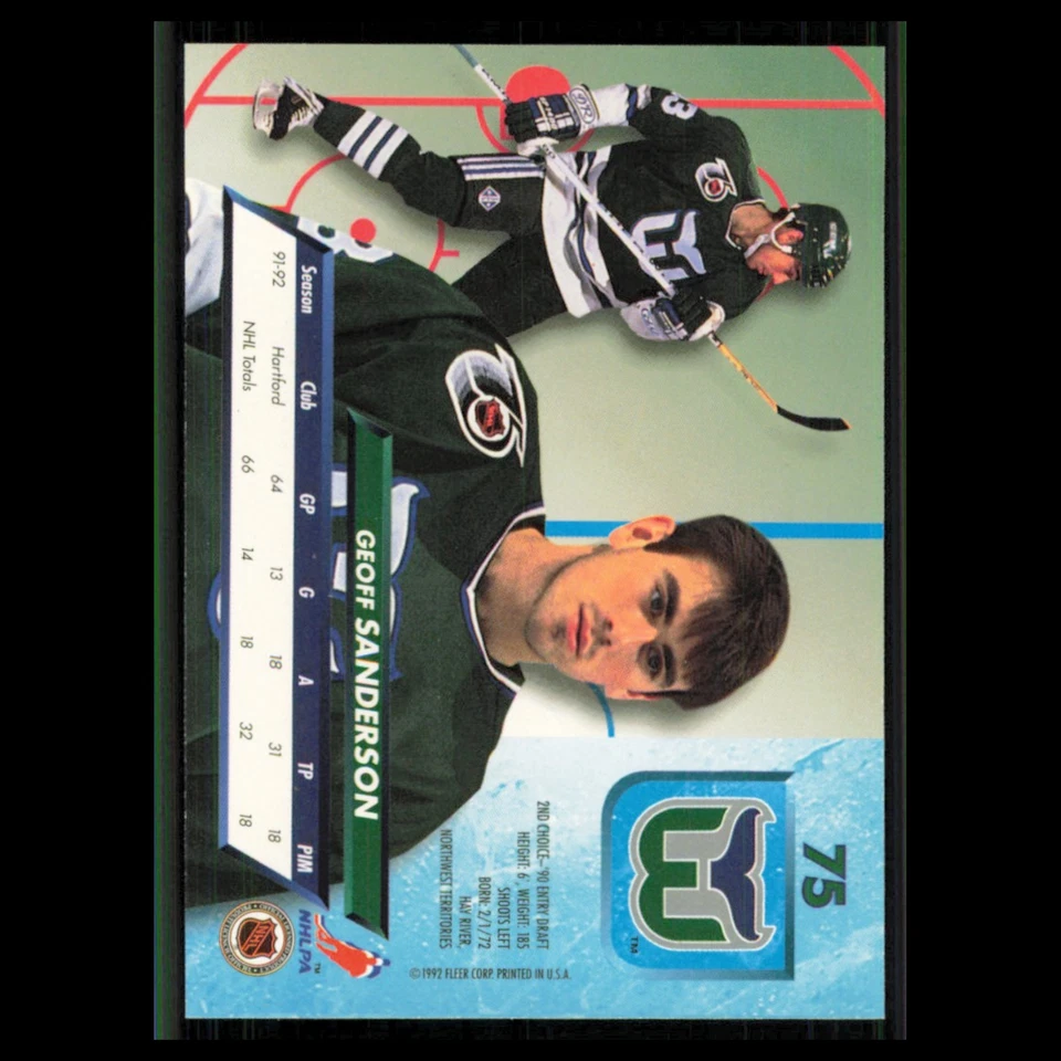 Geoff Sanderson #75 1992 Fleer Ultra Hartford Whalers Hockey Card NHL NM - Image 2 of 3
