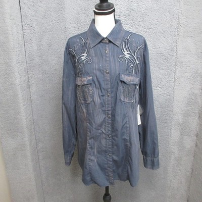 Reba Shirt Womens 1X Blue Arizona Spirit Embroidered Western Tunic Top Studded