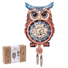 Rnfinewow 3D Wooden Puzzles for Adults, Owl Clock with Pendulum Model Kit, 3D