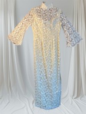 VTG Textured Floral Overlay Chinese Qipao Dress Cheongsam Maxi 70s Bridal Sz S