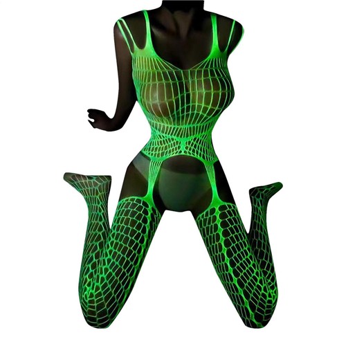 Sexy Lingerie Fishnet Body Stockings Glow Dress Underwear Sleepwear Bodysuit - Picture 15 of 17