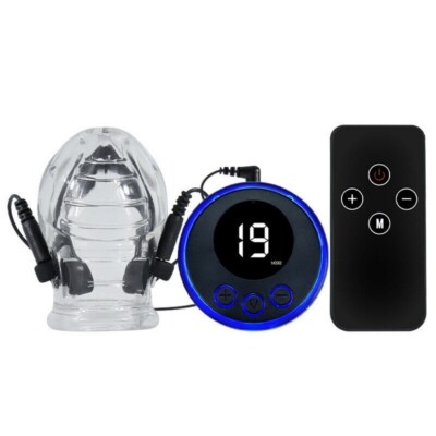 Male E-Stim Electric Chastity Cage Time Delay Ball Stretcher Enhancer Sleeve-Men