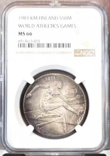 1983 FINLAND SILVER 50 MARKKAA WORLD ATHLETIC GAMES NGC MS 66 BEAUTIFUL TONING