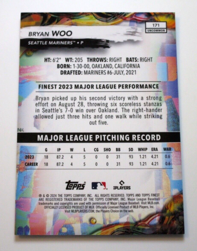 2024 Topps Finest Bryan Woo RC Rookie Xfractor #'d 69/75 #171 Seattle Mariners - Bild 2 von 2