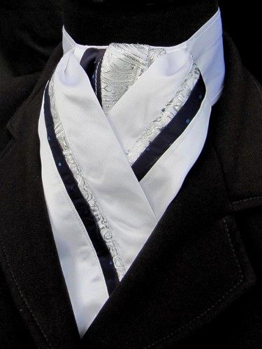 Ready Tied White with Navy Faux Silk & Silver Paisley Riding Stock / Scrunchie - Picture 4 of 7