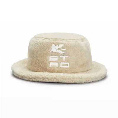 $850 Auth Etro Capello Logo Shearling Bucket Hat in Beige Ecru 56 (USA 7 or M)