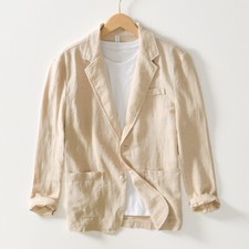 Men Casual Suit Jacket Formal Business Cotton Linen Blazer Two Button Slim Tops
