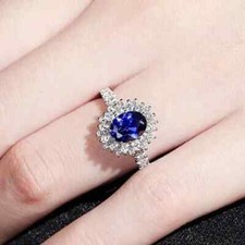 2 Ct Oval Lab Created Blue Sapphire 14k White Gold Plated Halo Engagement Ring