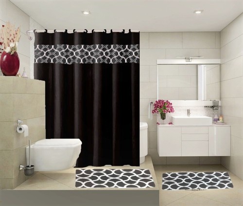 COMPLETE BATHROOM SET 2 BATH MATS 1 SHOWER CURTAIN &FABRIC HOOKS PRINTED DESIGNS - 第 11/26 張圖片