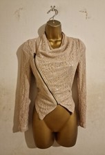 Beige Cream Nude Lace Asymmetric Pointed Hem Zip Biker Cardigan Jacket 4 6 8 10