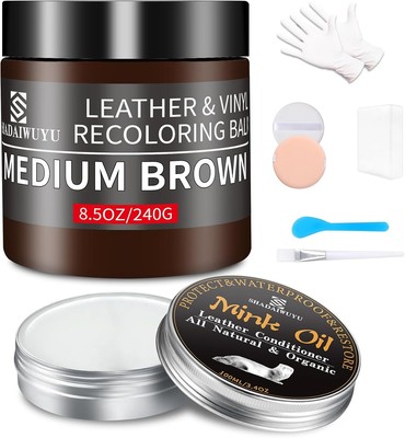 8.5oz Leather Recoloring Balm with 100ml Mink Oil,Medium Brown Leather Repair