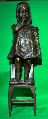Beautiful Vintage Bronze Statue, Girl on Chair Holding Shoe