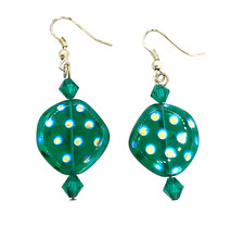 Colored Glass Bead Flat Round Green Spotted Dangle Hook Earrings Candy