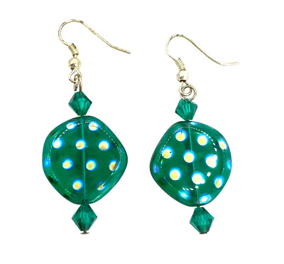 Colored Glass Bead Flat Round Green Spotted Dangle Hook Earrings Candy