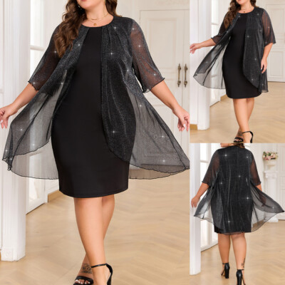 Plus Size Elegant Dress for Women - Sparkle Mesh Capelet Midi Dress Evening Gown