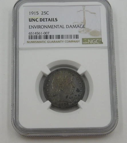 1915 BARBER QUARTER NGC UNC DETAILS   ENVIRONMENTAL DAMAGE (727)