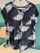 Loft Women's Short Cap Sleeve Tee shirt Top 100% Linen Blue Floral Size Large