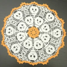 33 cm, 13“, White, Orange, Halloween, Skull, Scary, Crochet Doily, ogrc30, #588