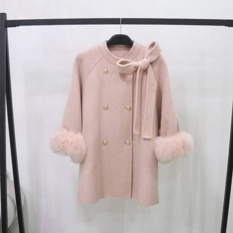 OFF WHITE Cappotto trench donna medio lungo soprabito double face lana petto vera pelliccia di volpe polsino