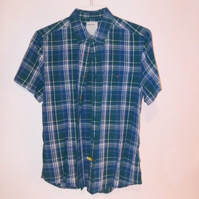Lift After Denim Mens Button Down Shirt Medium Blue Green White Plaid
