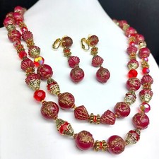 Vintage Red Carved Resin Cameo Double Strand Necklace Clip-On Shoulder-Duster