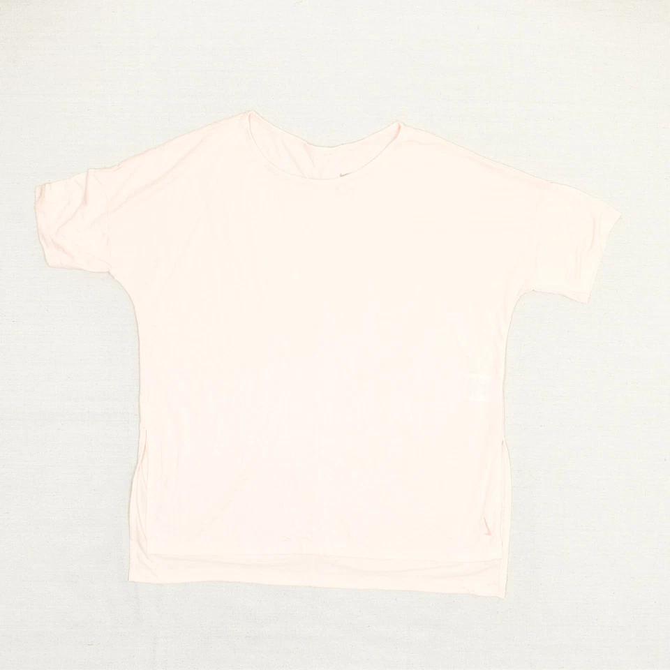 Camiseta Nike feminina Dri Fit manga curta academia sólida mistura de algodão rosa tamanho G - Imagem 2 de 4