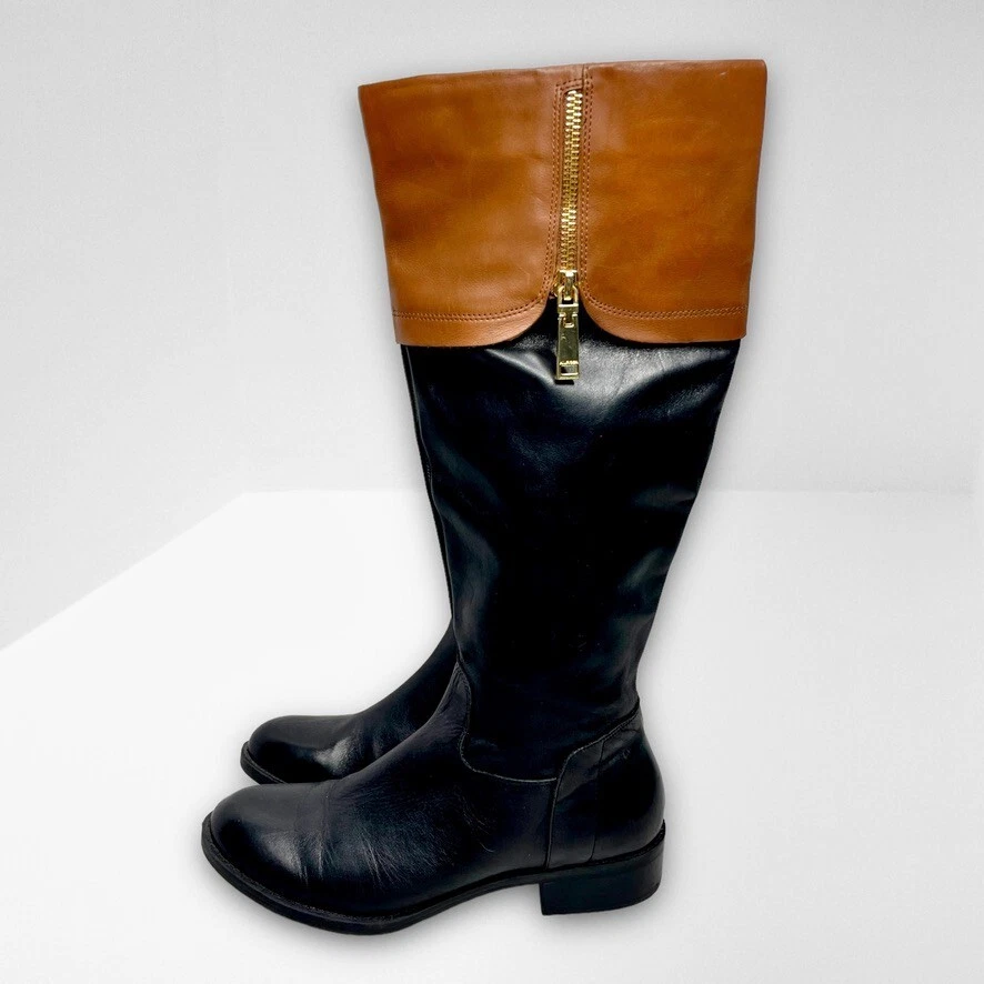 Tommy Hilfiger Womens DISEL Knee Hi Black Brown Leather Riding Boot US Size 6.5M