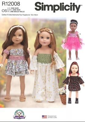 Simplicity R12008 Boho Jumpsuit, Dress w Shirred Bell Sleeves for 18'' Doll S9904