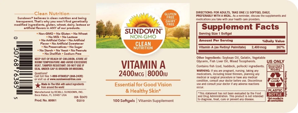 Sundown Naturals Vitamin A 8000 IU, Softgels  100 Count Immune System Support..+ - Image 4 of 4