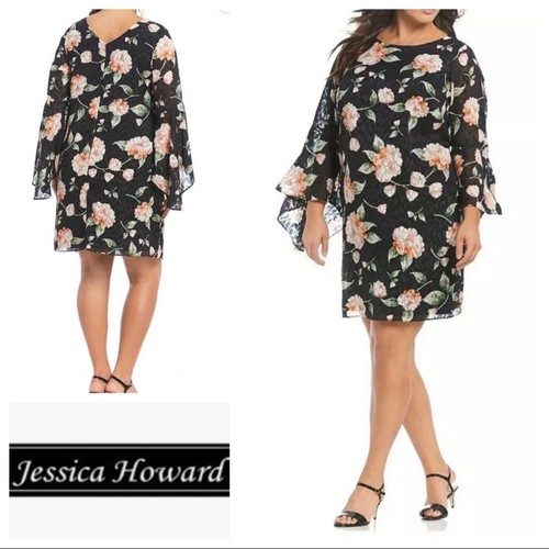 18W ~ Jessica Howard Chiffon Bell Sleeve Black Peach Green Floral Shift Dress