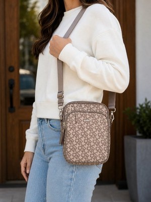 DKNY Logo Jacquard Crossbody Messenger Bag Taupe Beige Adjustable Strap