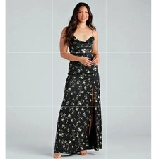 NEW Windsor Elegant Black Floral Maxi Dress size S lined spaghetti strap prom
