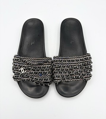 Chanel Black Tweed Tropiconic Chain Flat Slides Sandals Pink & Blue Accent EU 38