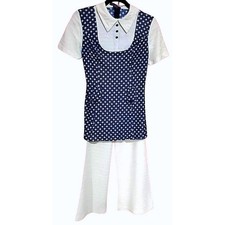 Retro Vintage 70s Geometric Star Tunic Pant Set Womens Small Navy White Mod