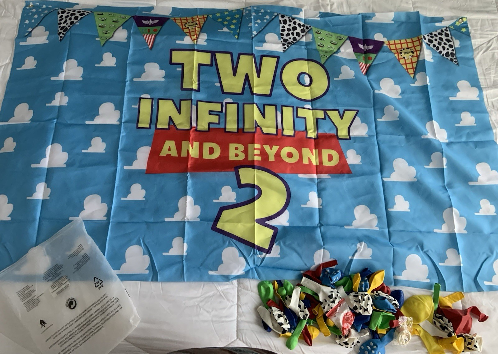 Toy Story 2nd Birthday Party Backdrop Banner w/ Balloons Blue/White Clouds