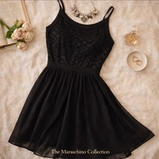 Mi Ami Black Fit & Flare Dress Embroidered Floral Sheer Pleated Cocktail Large