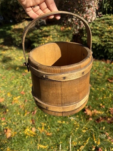 Antique Primitive Wooden Coopered Utility Firkin Sugar Bucket Farmhouse Decor