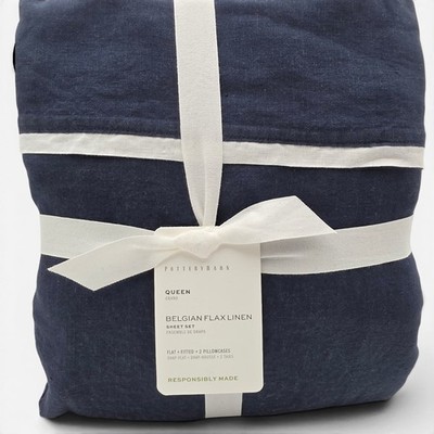 Pottery Barn Belgian Flax Linen Contrast Flange Sheet Set Queen Midnight White 